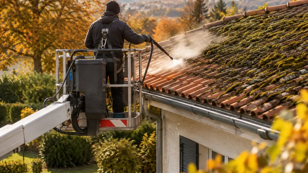 Démoussage de toiture à Voiron : technicien à la vapeur sur un toit en tuiles