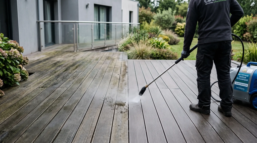 Terrasse composite verdie dans les rainures et partiellement nettoyée à la vapeur