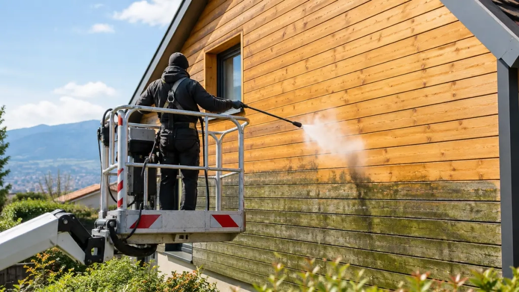 Nettoyage de bardage à Grenoble : lames de bois nettoyées à la vapeur basse pression