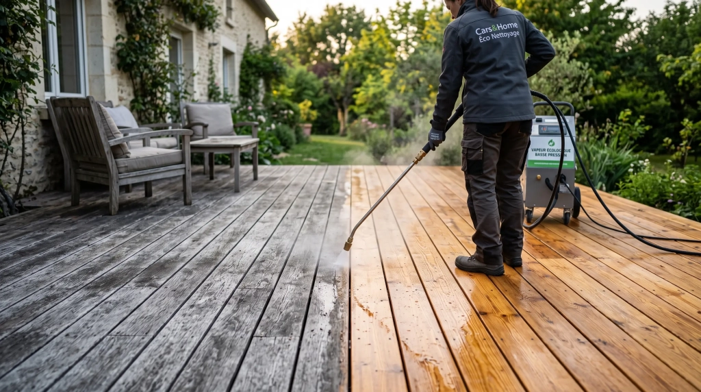 Terrasse bois grisée à moitié ravivée après nettoyage à la vapeur basse pression