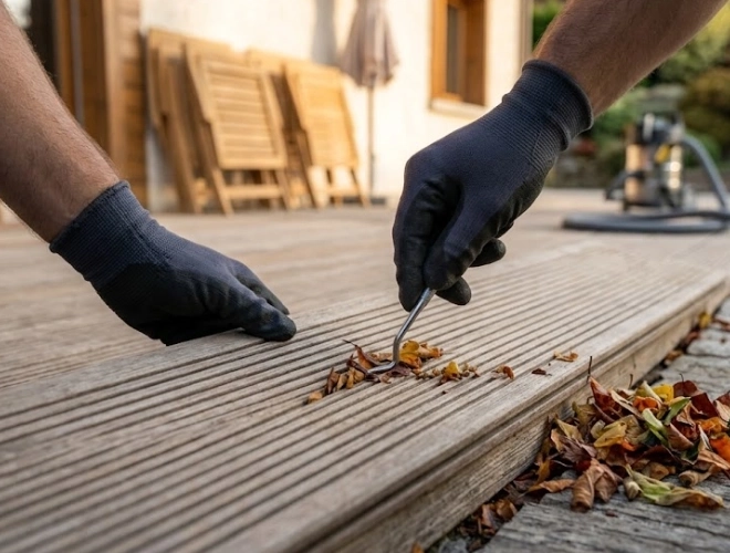 Mains gantées préparant les rainures d’une terrasse avant nettoyage vapeur