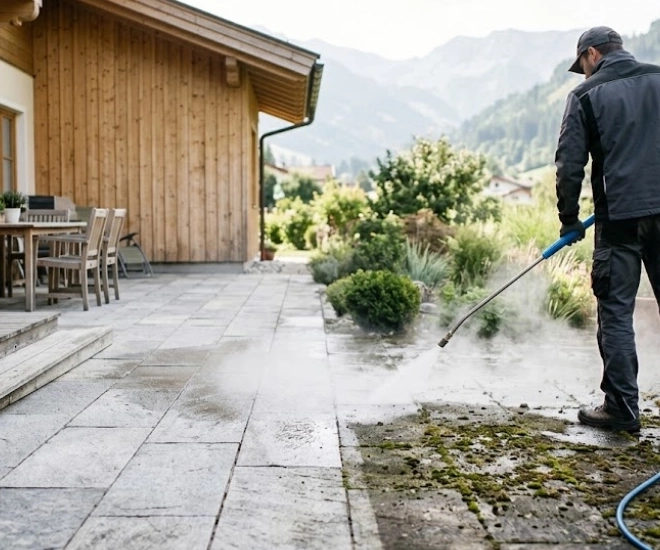 Nettoyage de terrasse en Isère à la vapeur, zone traitée et zone encore verdie