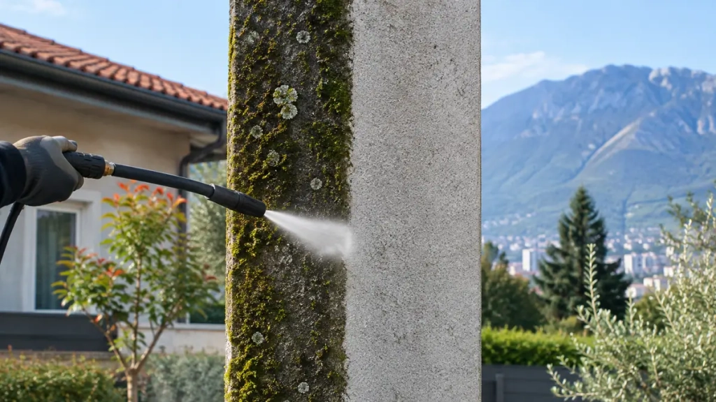 Toit en tuiles moitié moussu, moitié démoussé à la vapeur à Grenoble
