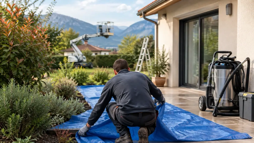 Technicien protégeant les abords d’une maison avant un démoussage de toiture à Grenoble
