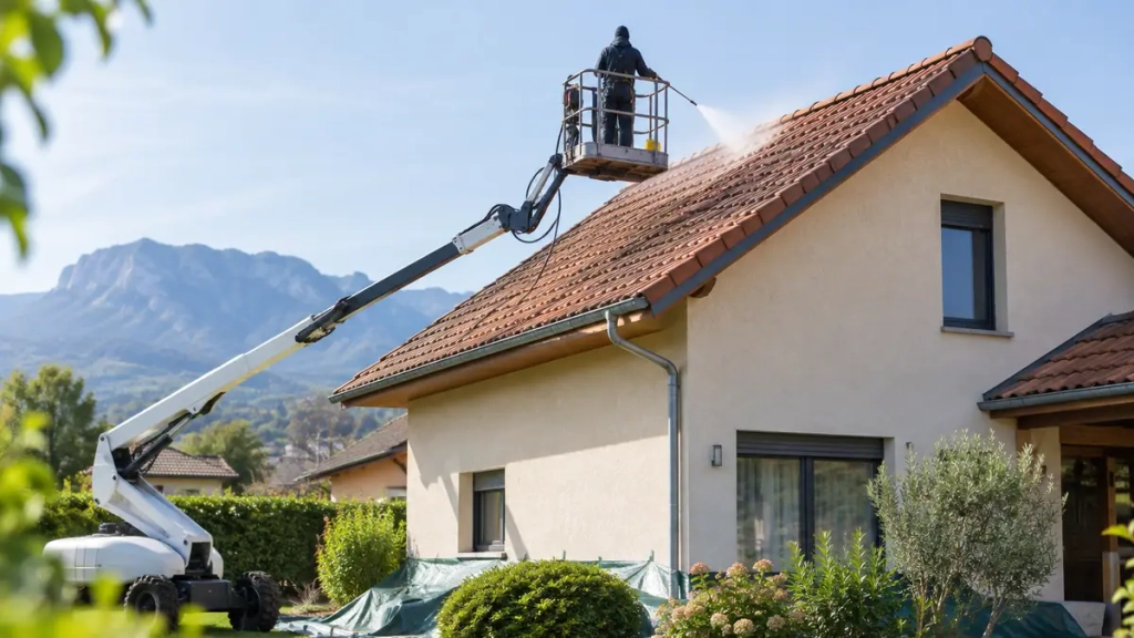 Nacelle élévatrice déployée devant une maison pour un démoussage de toiture à Grenoble